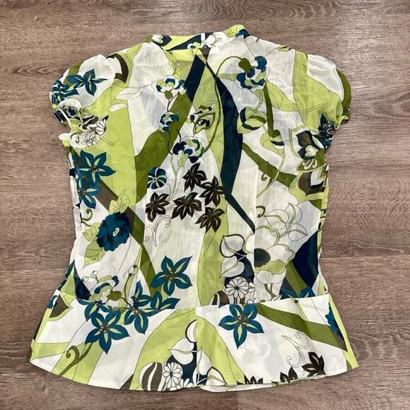 Worthington Women's Size 8 Y2K Babydoll Top‎ Blouse Green Floral 70s Print Sheer - Picture 7 of 8